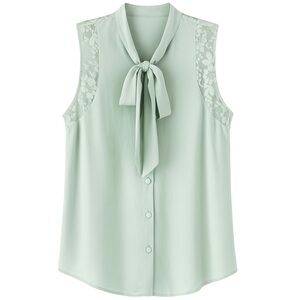 Mint Green Sleeveless Blouse with Lace Detail and Bow Tie Neck | Size S